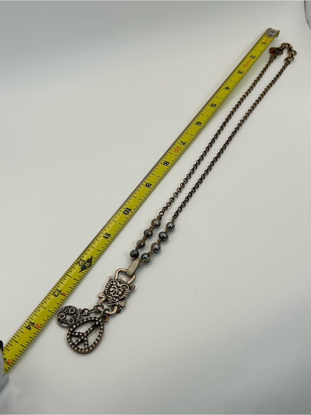 Lucky Brand Vintage Peace Sign Charm Necklace Macrame Beaded Antiqued Bronze 22" - Picture 10 of 15